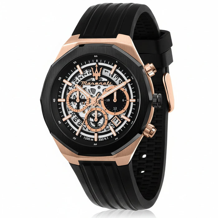 Maserati Stile Skeleton Chronograph Black Dial Black Silicone Strap Men's Watch – R8871642003