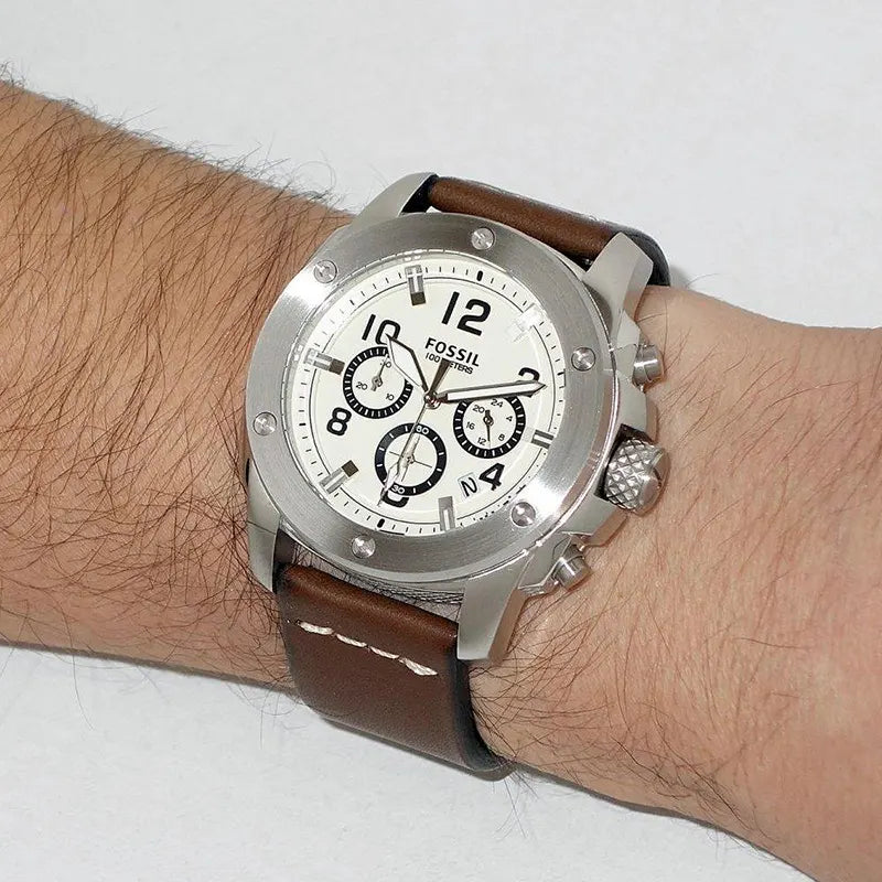 Fossil Modern Machine Chronograph Eggshell White Dial Brown Leather Strap Men's Watch – FS4929