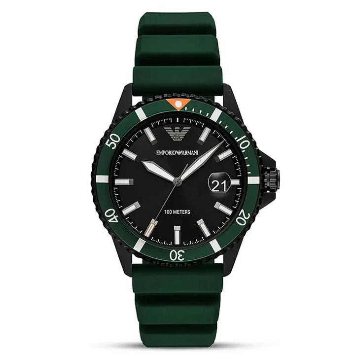 Emporio Armani Diver Black Dial Green Silicone Men's Watch – AR11464