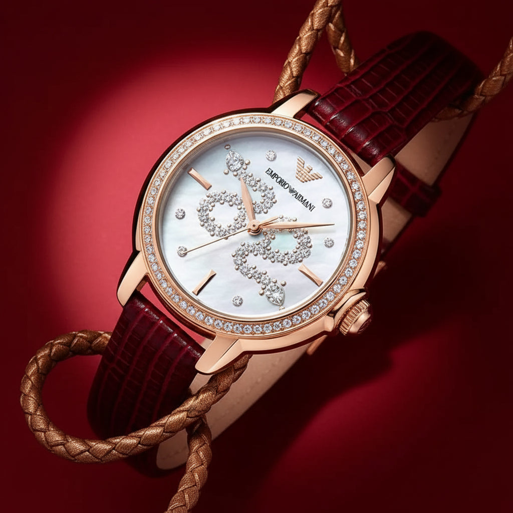 Emporio Armani Snake White Mother of Pearl Dial Red Leather Strap Ladies Watch – AR11646