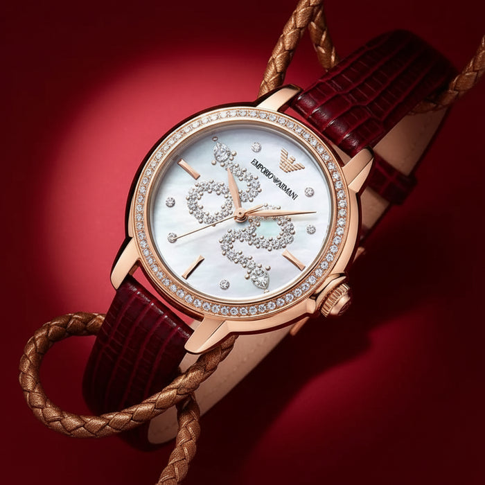 Emporio Armani Snake White Mother of Pearl Dial Red Leather Strap Ladies Watch – AR11646