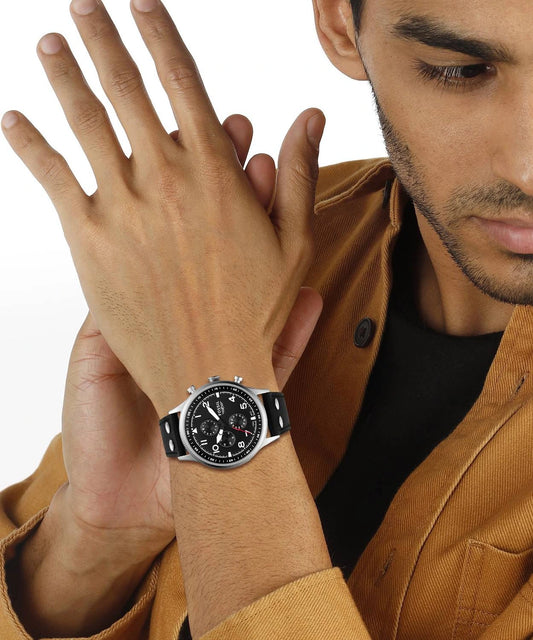 Fossil Retro Pilot Chronograph Black Dial Black Leather Strap Men's Watch – FS5806