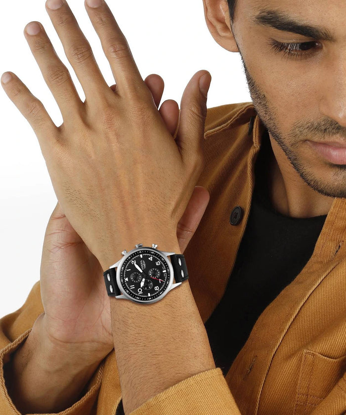Fossil Retro Pilot Chronograph Black Dial Black Leather Strap Men's Watch – FS5806