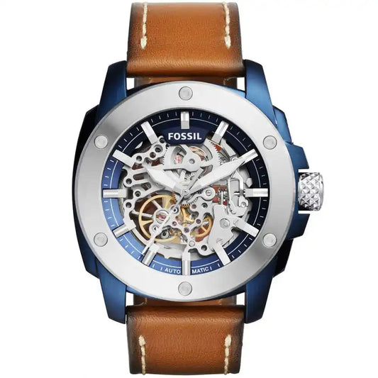 Fossil Modern Machine Skeleton Blue Dial Brown Leather Strap Men's Watch – ME3135