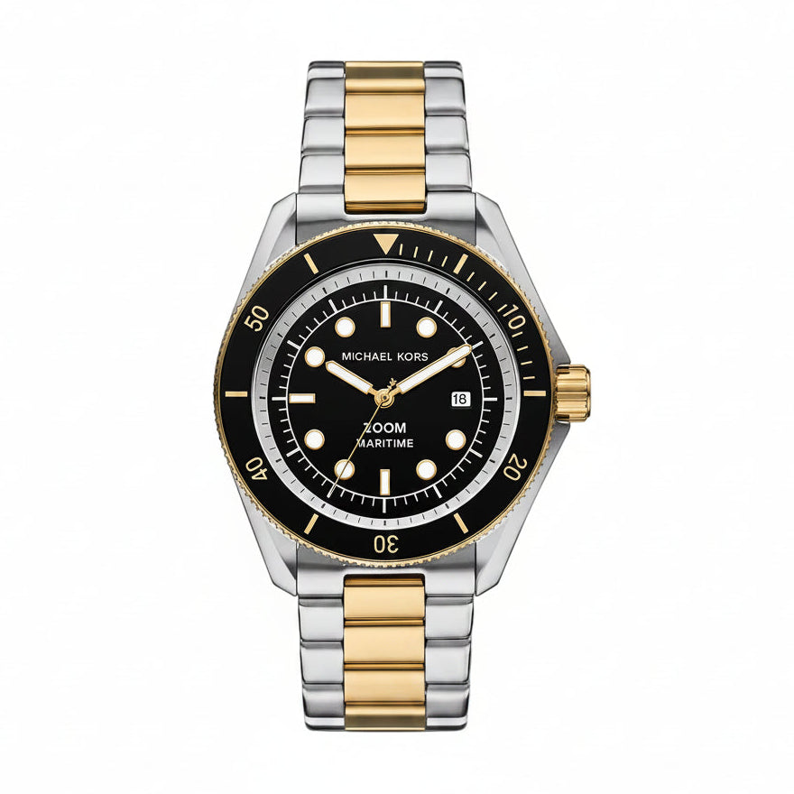Two-tone watch with black face on a white background
