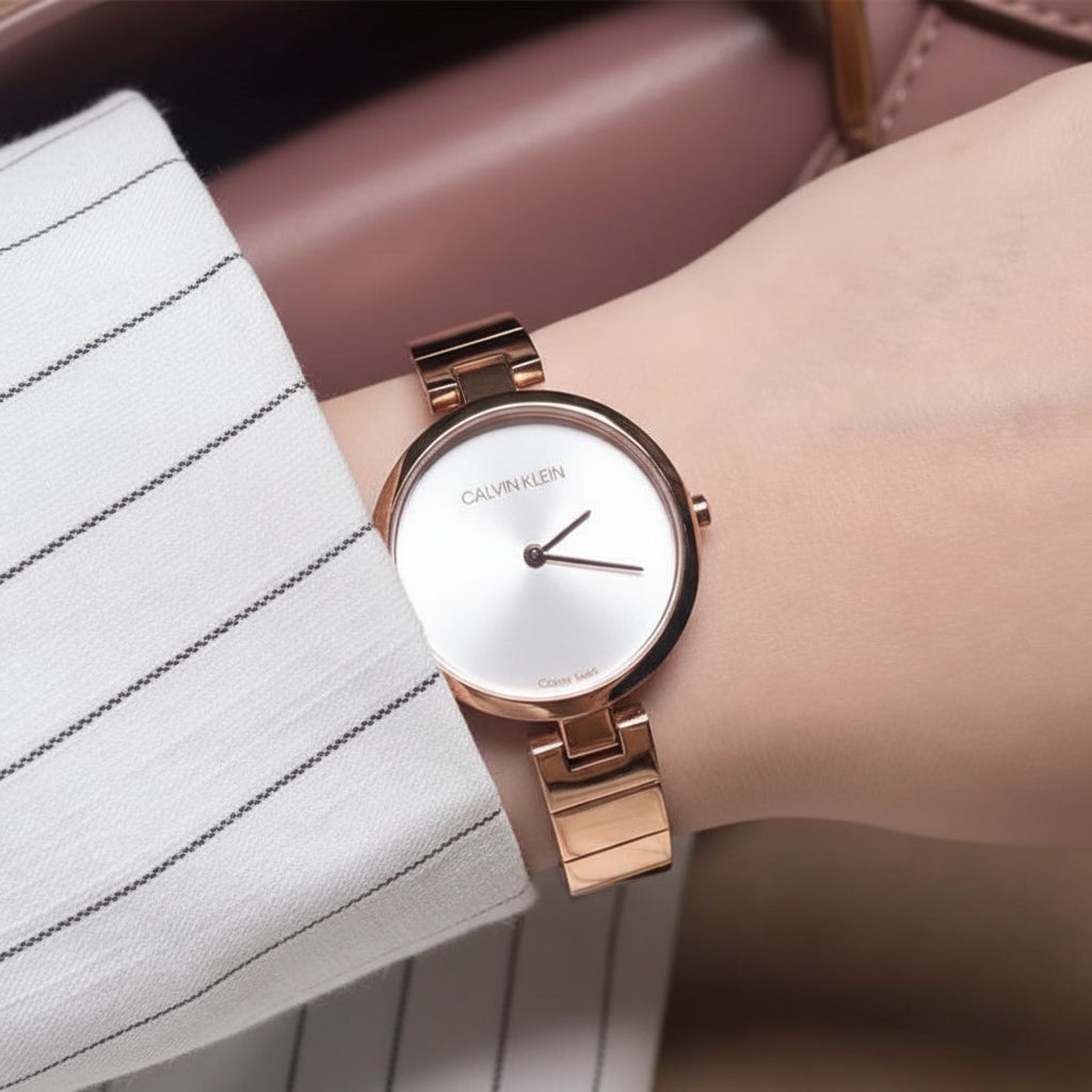 Calvin Klein Authentic Silver Dial Rose Gold Ladies Watch – K8G23646