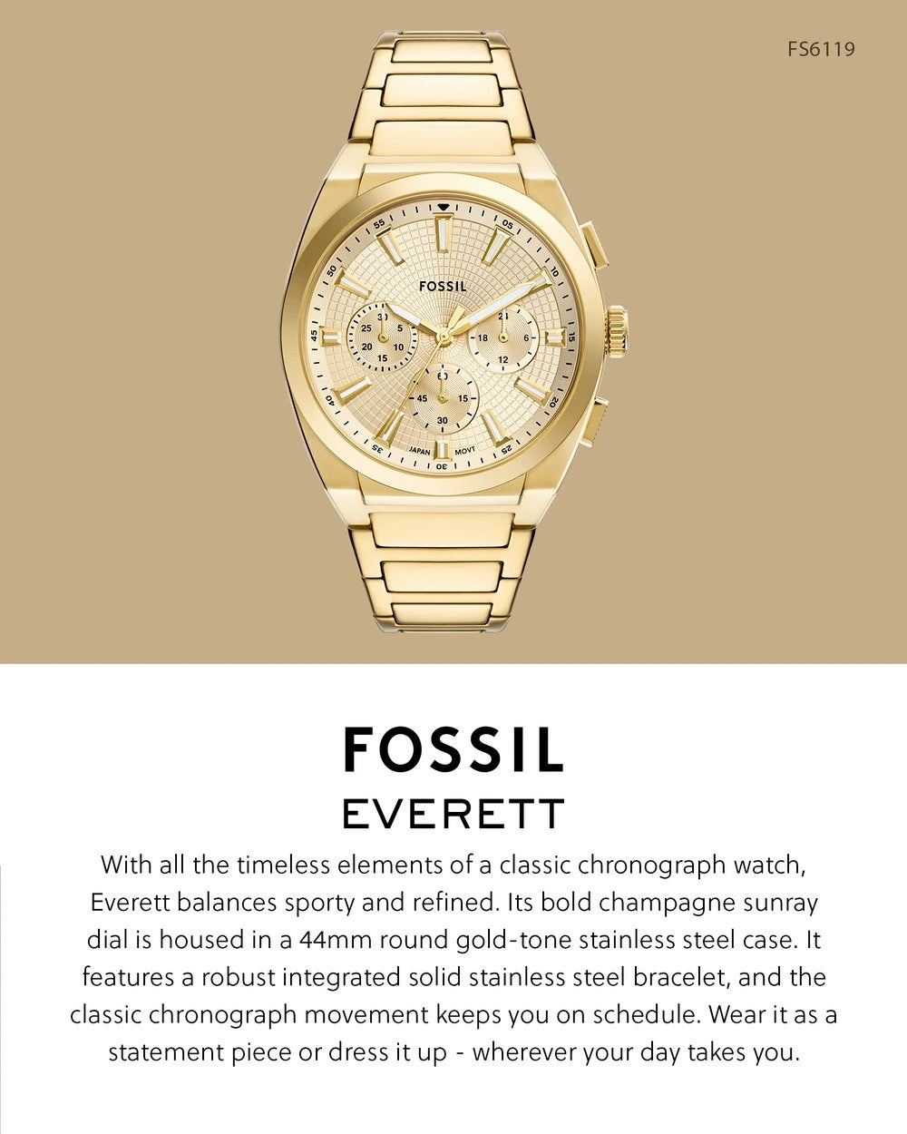 Fossil Everett Champagne Sunray Chronograph Gold-Tone Stainless Steel Men's Watch – FS6119