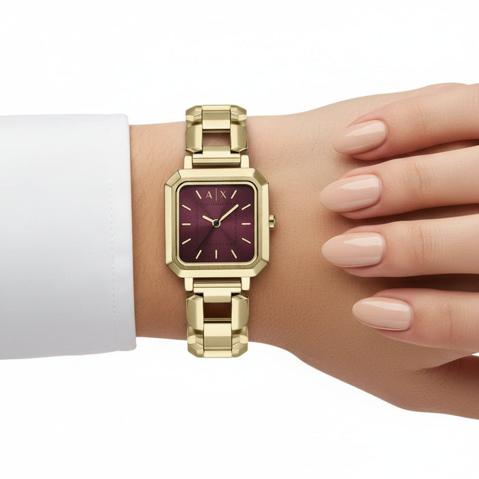 Armani Exchange Leila Red Sunray Dial Gold-Tone Stainless Steel Ladies Watch – AX5734