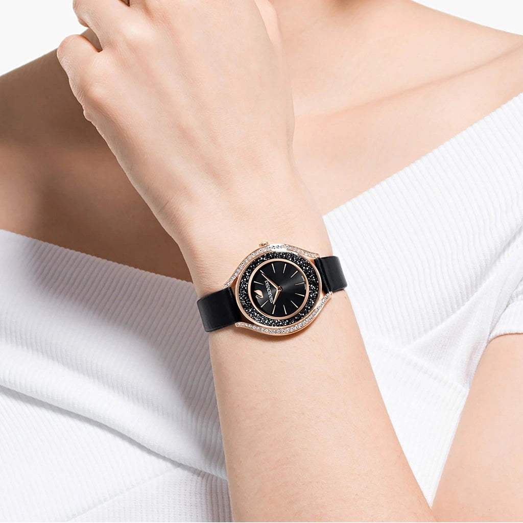 Swarovski Crystalline Aura Black Dial Black Leather Strap Ladies Watch – 5558634