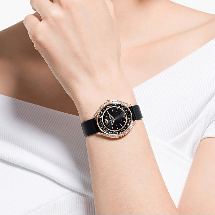 Swarovski Crystalline Aura Black Dial Black Leather Strap Ladies Watch – 5558634