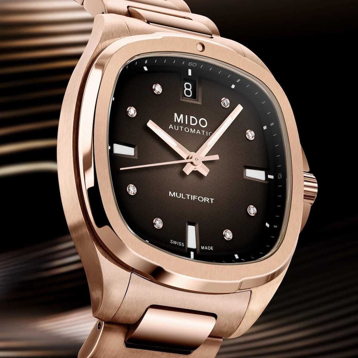 MIDO Multifort TV 35 Brown Gradient Dial Rose Gold PVD Stainless Steel Ladies Watch – M049.307.33.296.00
