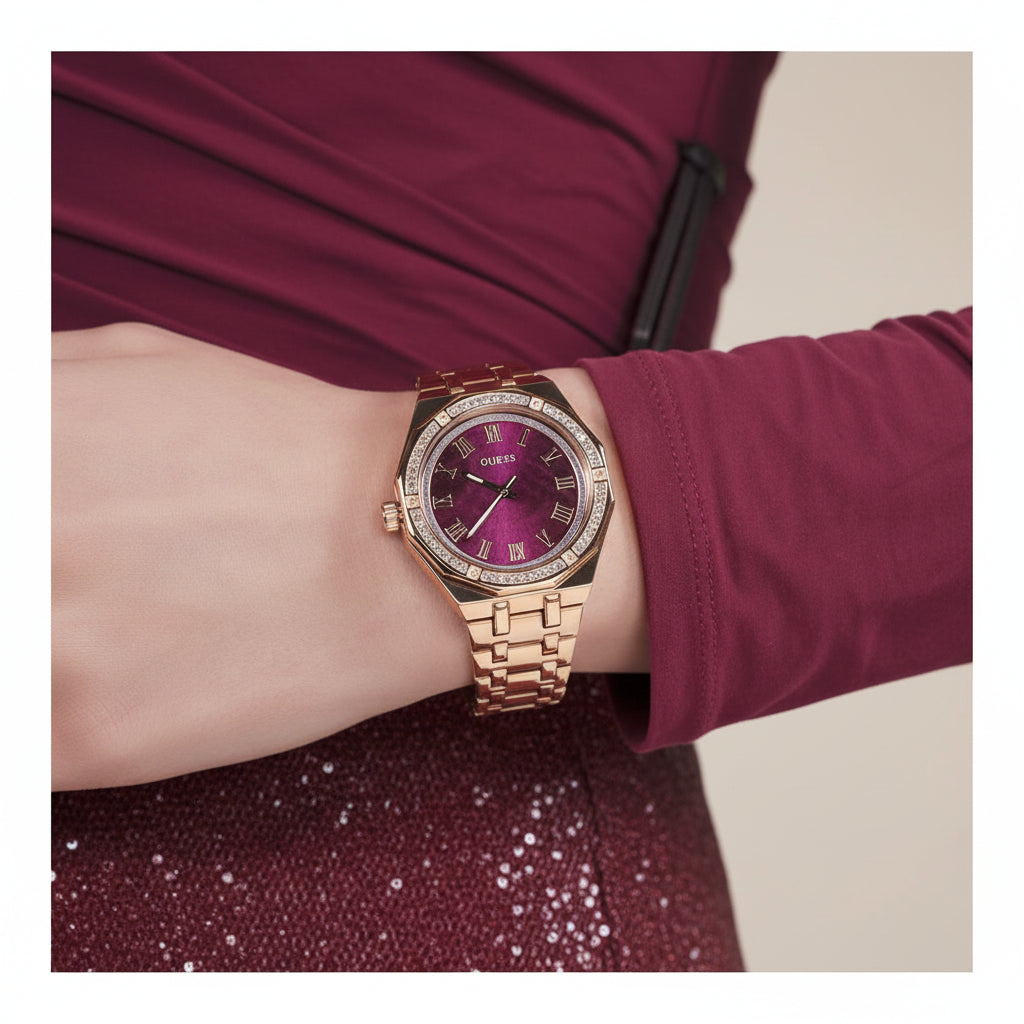 GUESS Women's Purple Mother of Pearl Dial Rose Gold-Tone Stainless Steel Watch – GW0770L3