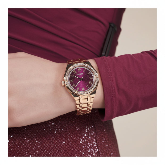 GUESS Women's Purple Mother of Pearl Dial Rose Gold-Tone Stainless Steel Watch – GW0770L3