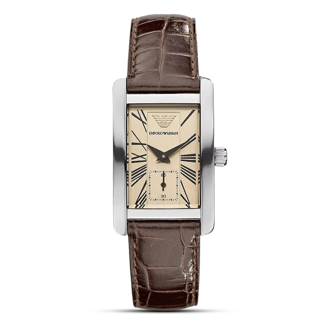 Emporio Armani Classic Beige Dial Brown Leather Strap Men's Watch – AR0154