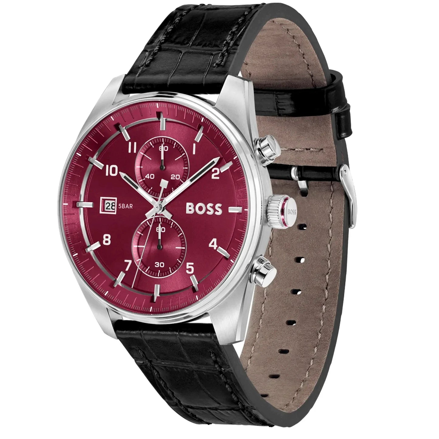 Hugo Boss Skytraveller Burgundy Chronograph Black Leather Strap Men's Watch – 1514193