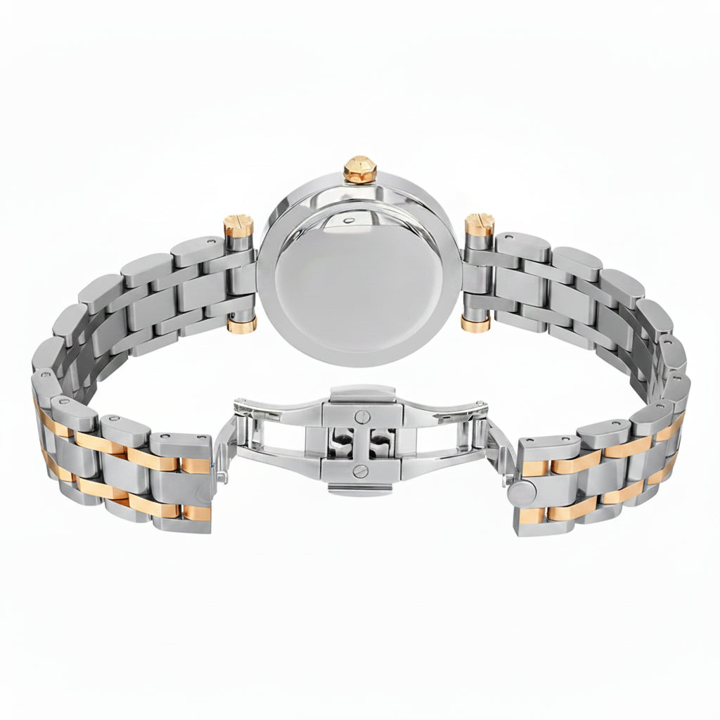 A women's stainless steel link watch band with gold-tone accents, shown from the back on a white background.