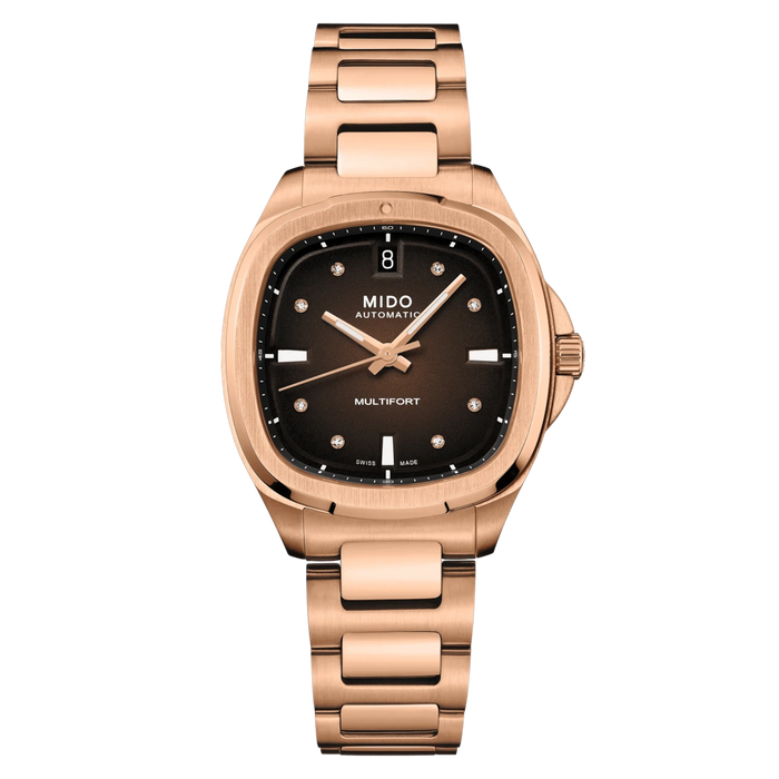 MIDO Multifort TV 35 Brown Gradient Dial Rose Gold PVD Stainless Steel Ladies Watch – M049.307.33.296.00