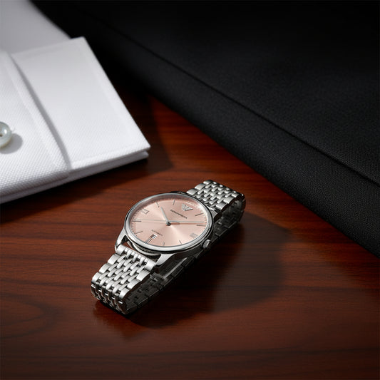 Silver Emporio Armani watch with a beige dial on a white background