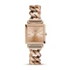 Brand and Model: Brand: Guess Model: W1029L3 Case: Shape: Square Material: Rose Gold-Tone Stainless Steel Size: 28 mm width, 39 mm length Thickness: 8 mm Color: Rose Gold Back: Solid Dial: Color: Rose Gold Crystal: Mineral Crystal Display: Analog Bezel: Type: Fixed Material: Rose Gold-Tone Stainless Steel Movement: Type: Quartz Origin: Japan Band: Material: Rose Gold-Tone Stainless Steel Type: Chain-Link Bracelet Width: 14 mm Color: Rose Gold Clasp: Jewelry Clasp Additional Information: Water Resistance: 30 meters (suitable for light splashes but not for swimming or bathing) Functions: Hours, Minutes, Seconds Style: Fashion, Trendy Warranty: 1 Year